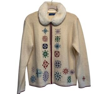 Karen Scott Sport Wool Cardigan L Snowflake Beaded Faux Fur Collar Zip Sweater